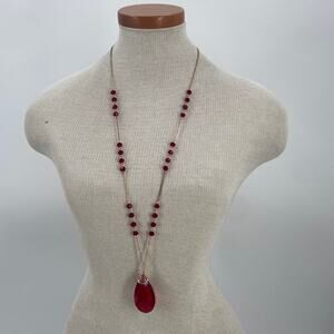 Red faux gemstone goldtone long necklace